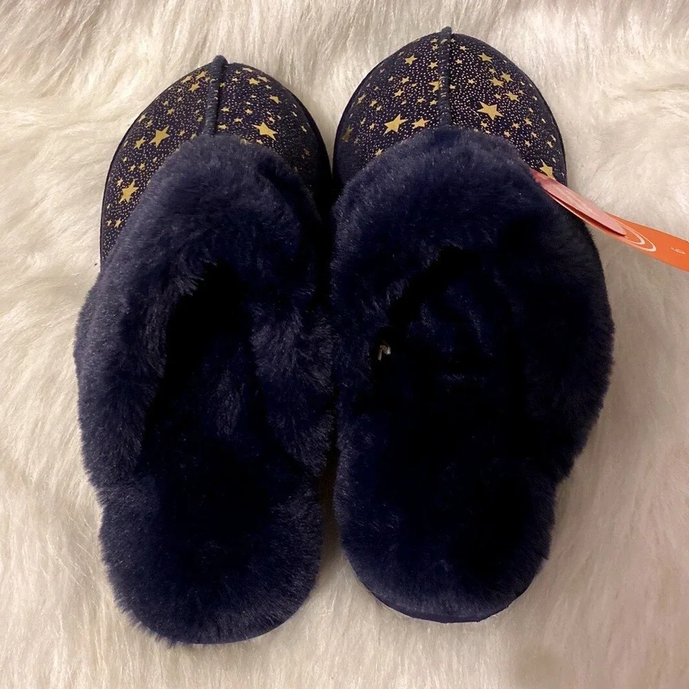 Wonder Nation Slippers Girls Size 6 Blue Stars Fuzzy Memory Foam Slip On Shoes